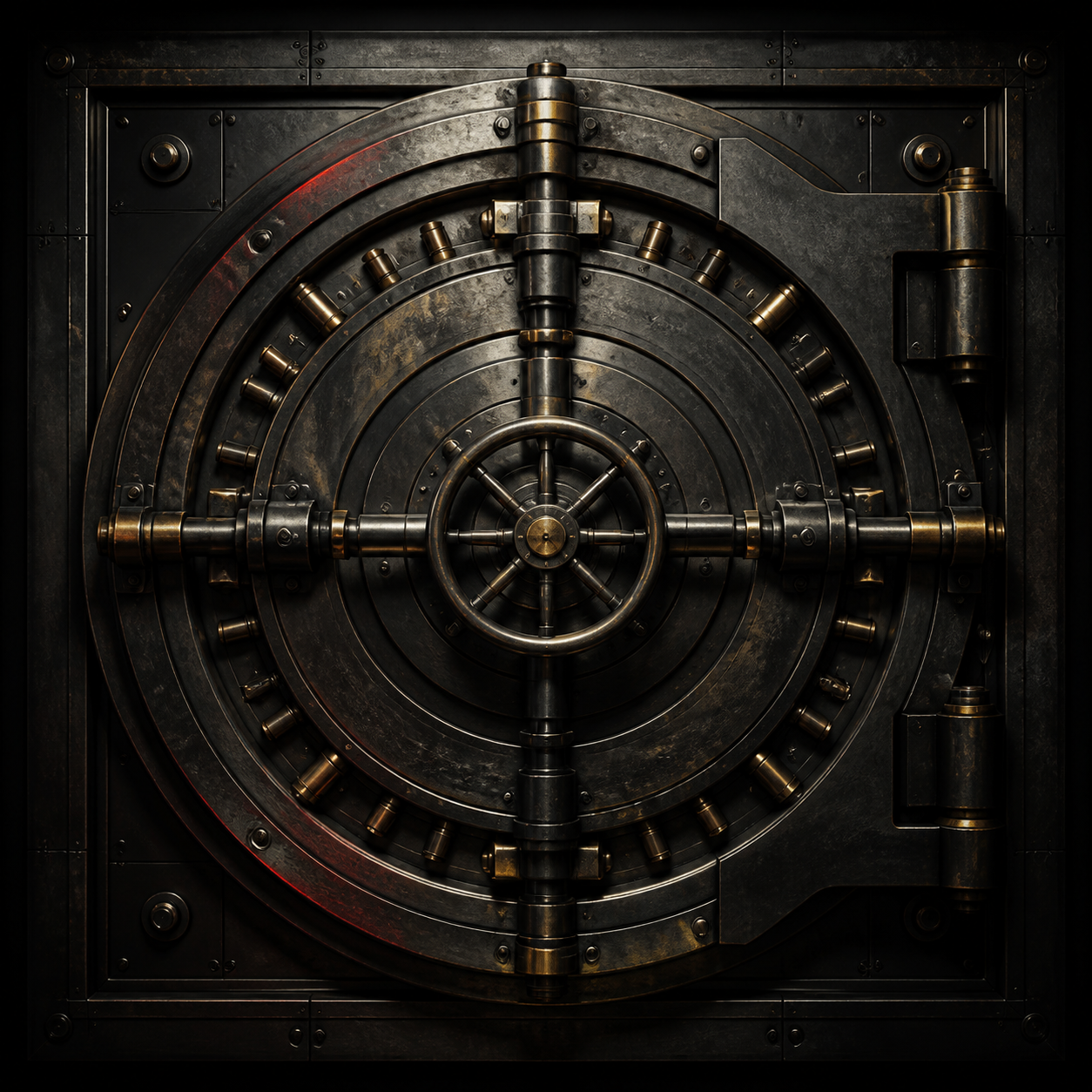A closed, heavy steel bank vault door