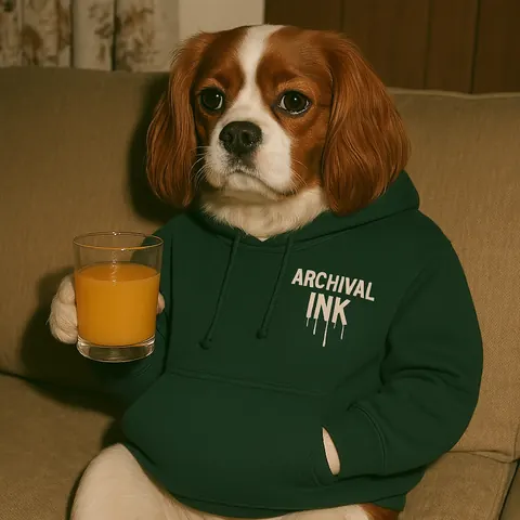 Archival Ink dog wearing an Archival Ink hoodie